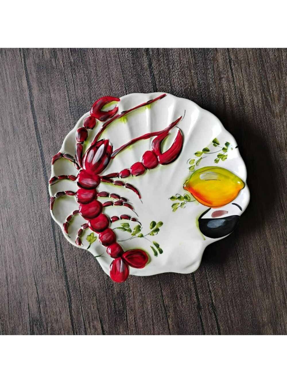 Vintage Italian Majolica 3D Lobster Platter, Hand Painted Scalloped Shell Plate